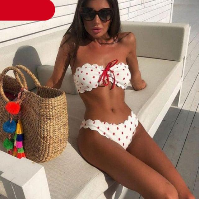 Femmes Dot Bikini Femmes Maillot de Bain Deux Pièces Ensemble de Bikini Femme Maillot de Bain Micro Sans Bretelles 2 Pièces Bas de Bikini à Nouer Push Up Maillot de Bain Tenue de Plage Maillot de Natation