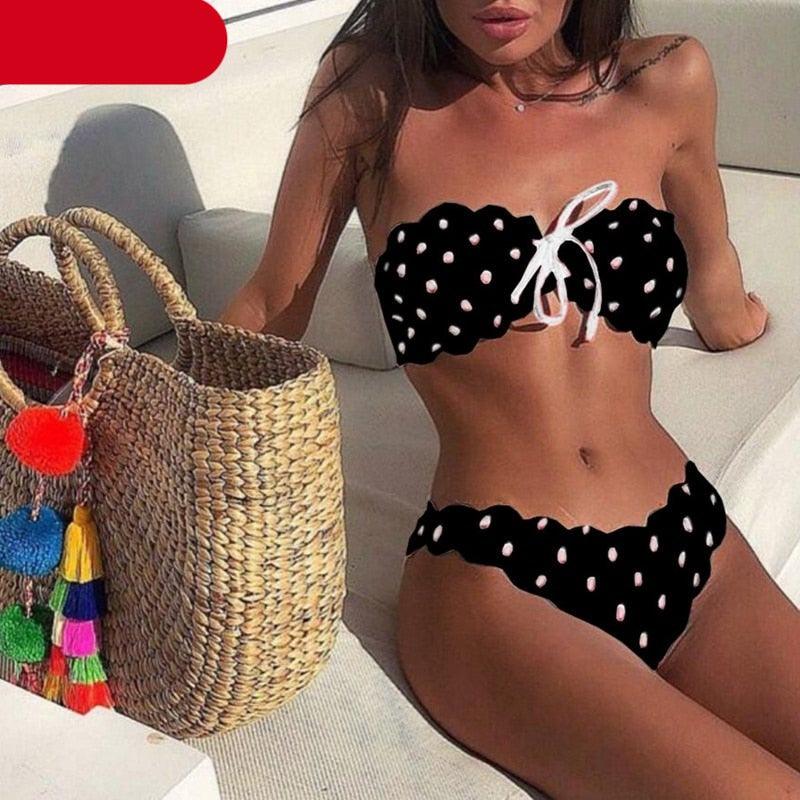 Femmes Dot Bikini Femmes Maillot de Bain Deux Pièces Ensemble de Bikini Femme Maillot de Bain Micro Sans Bretelles 2 Pièces Bas de Bikini à Nouer Push Up Maillot de Bain Tenue de Plage Maillot de Natation