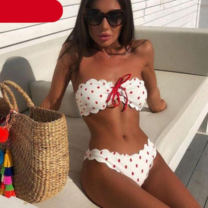 Femmes Dot Bikini Femmes Maillot de Bain Deux Pièces Ensemble de Bikini Femme Maillot de Bain Micro Sans Bretelles 2 Pièces Bas de Bikini à Nouer Push Up Maillot de Bain Tenue de Plage Maillot de Natation