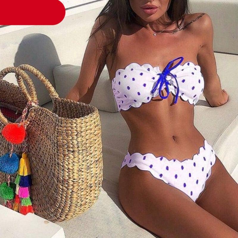 Femmes Dot Bikini Femmes Maillot de Bain Deux Pièces Ensemble de Bikini Femme Maillot de Bain Micro Sans Bretelles 2 Pièces Bas de Bikini à Nouer Push Up Maillot de Bain Tenue de Plage Maillot de Natation