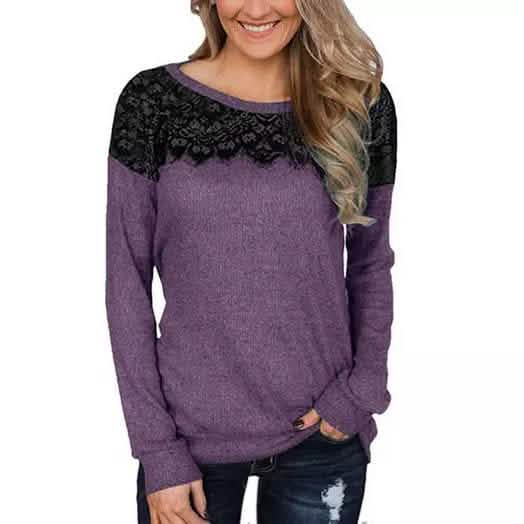 Haut en dentelle noire pour femme, manches longues, élégant, décontracté, chemisier type sweat-shirt