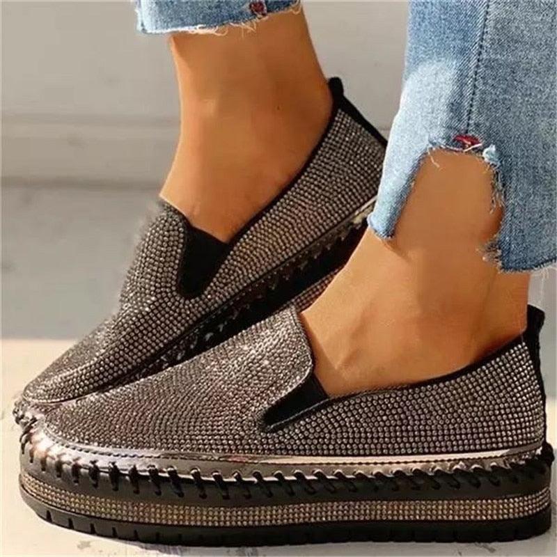 Espadrilles plates à paillettes pour femmes Chaussures décontractées en maille à lacets à plateforme confortables Chaussures vulcanisées unisexes Mocassins plats décontractés avec semelle intérieure rembourrée en mousse à mémoire de forme