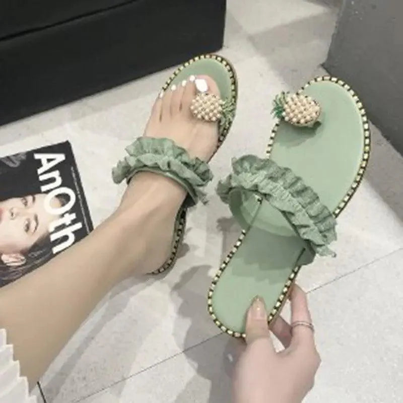Sandales Plates Jaunes Femme Tendance Été Élégantes Confortables Motif Ananas Pour Femmes