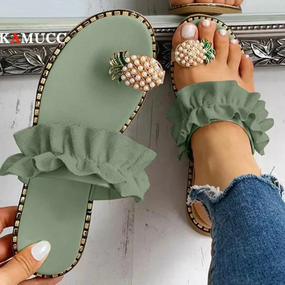 Sandales Plates Jaunes Femme Tendance Été Élégantes Confortables Motif Ananas Pour Femmes