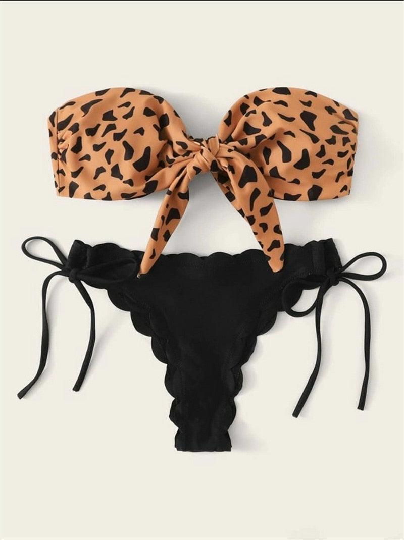 Maillot de bain léopard sans bretelles à lacets sur le devant pour femmes, bikini de plage pour femmes, ensemble bikini mode femme, maillot de bain léopard sans bretelles, maillot de bain deux pièces échancré, maillot de bain sans bretelles