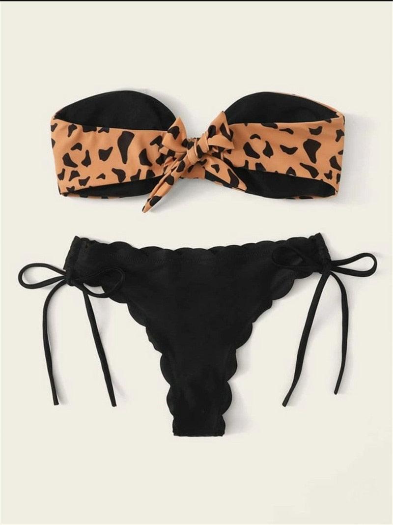 Maillot de bain léopard sans bretelles à lacets sur le devant pour femmes, bikini de plage pour femmes, ensemble bikini mode femme, maillot de bain léopard sans bretelles, maillot de bain deux pièces échancré, maillot de bain sans bretelles
