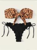 Maillot de bain léopard sans bretelles à lacets sur le devant pour femmes, bikini de plage pour femmes, ensemble bikini mode femme, maillot de bain léopard sans bretelles, maillot de bain deux pièces échancré, maillot de bain sans bretelles