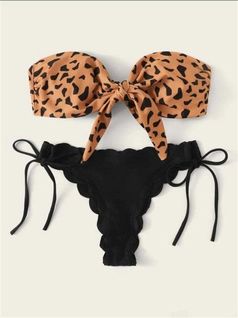 Maillot de bain léopard sans bretelles à lacets sur le devant pour femmes, bikini de plage pour femmes, ensemble bikini mode femme, maillot de bain léopard sans bretelles, maillot de bain deux pièces échancré, maillot de bain sans bretelles