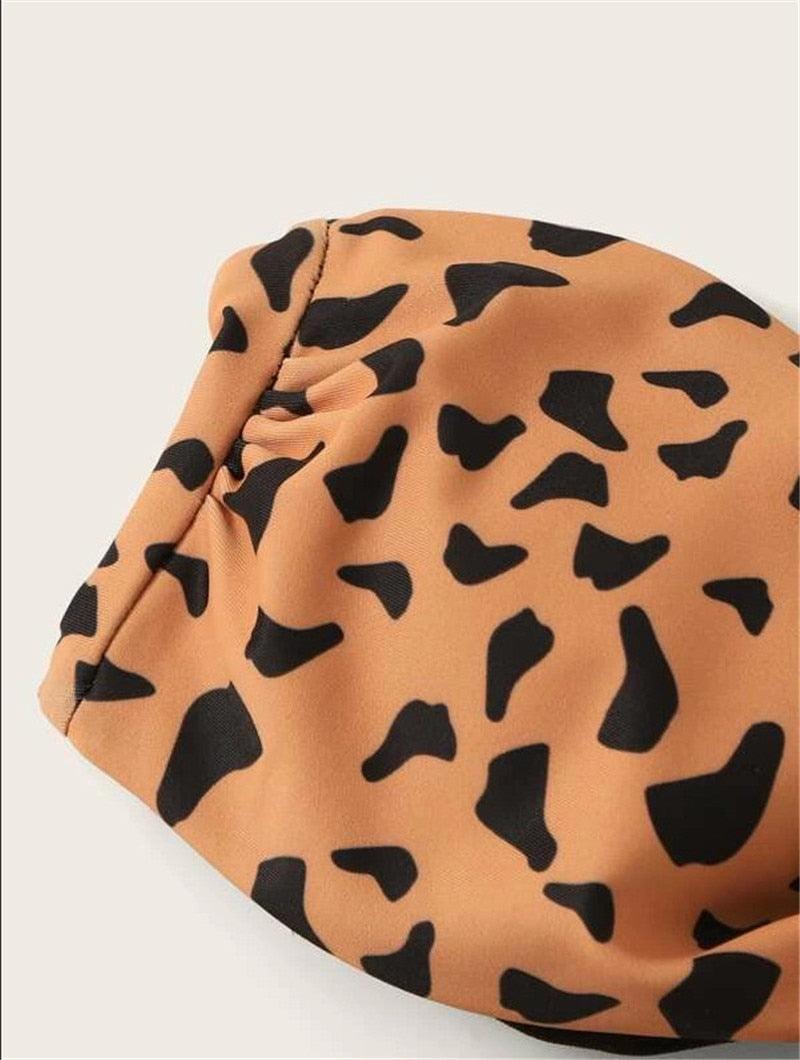Maillot de bain léopard sans bretelles à lacets sur le devant pour femmes, bikini de plage pour femmes, ensemble bikini mode femme, maillot de bain léopard sans bretelles, maillot de bain deux pièces échancré, maillot de bain sans bretelles