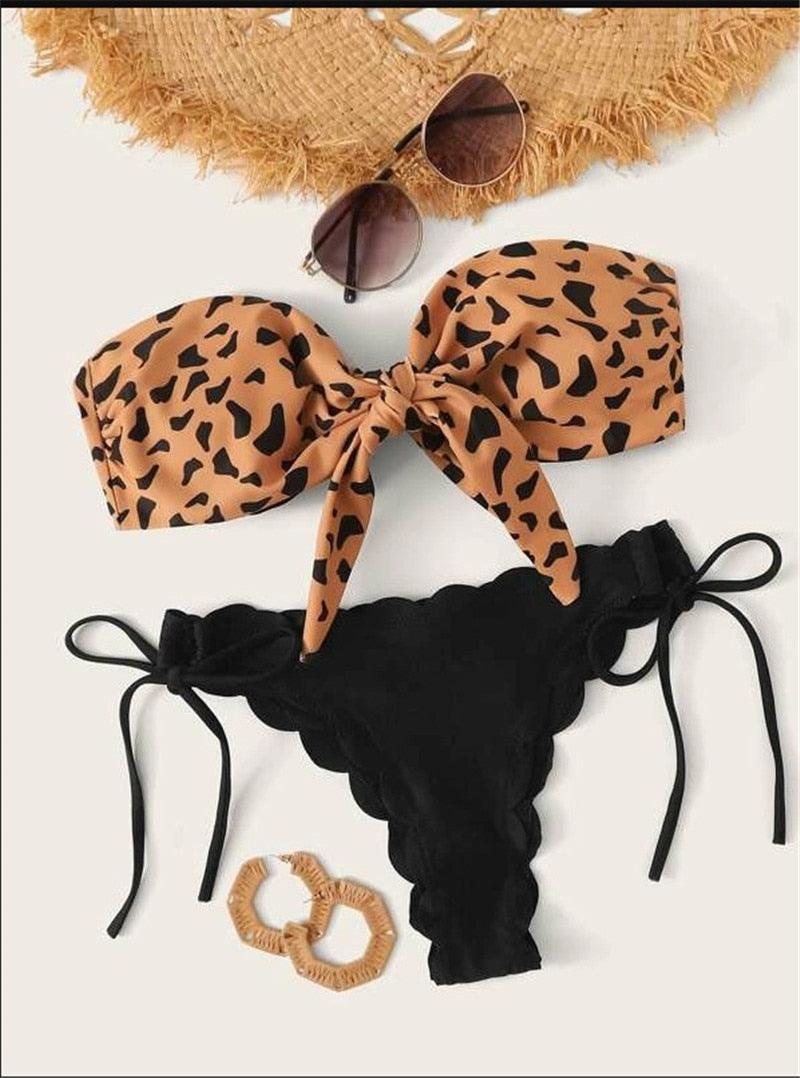 Maillot de bain léopard sans bretelles à lacets sur le devant pour femmes, bikini de plage pour femmes, ensemble bikini mode femme, maillot de bain léopard sans bretelles, maillot de bain deux pièces échancré, maillot de bain sans bretelles