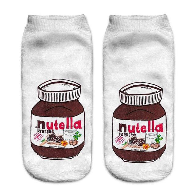 Chaussettes amusantes et mignonnes pour femmes avec impression 3D aliments Blanc Nutella Personnage Chaussettes unisexe joyeuses respirantes en coton dessin animé Donuts Biscuit Dessert Cadeau Chaussettes pour hommes et femmes