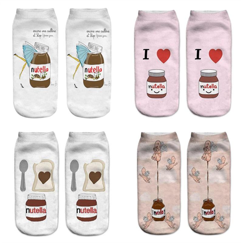 Chaussettes amusantes et mignonnes pour femmes avec impression 3D aliments Blanc Nutella Personnage Chaussettes unisexe joyeuses respirantes en coton dessin animé Donuts Biscuit Dessert Cadeau Chaussettes pour hommes et femmes
