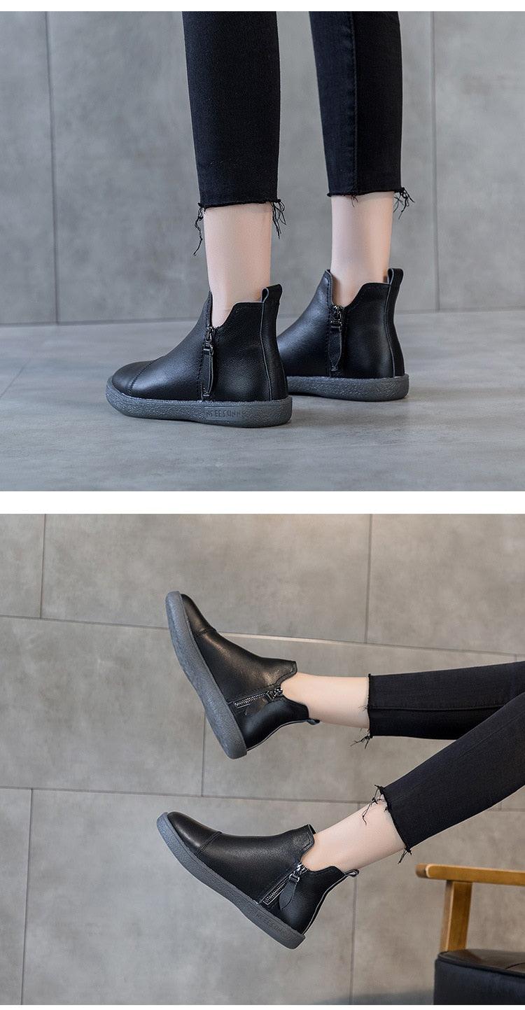 Bottes courtes pour femmes en cuir véritable, fourrure chaude, imperméables, à enfiler, super confortables, chaussures d'automne et d'hiver, gardent au chaud, semelle antidérapante et douce, doublure en fourrure chaude, bottines d'hiver.