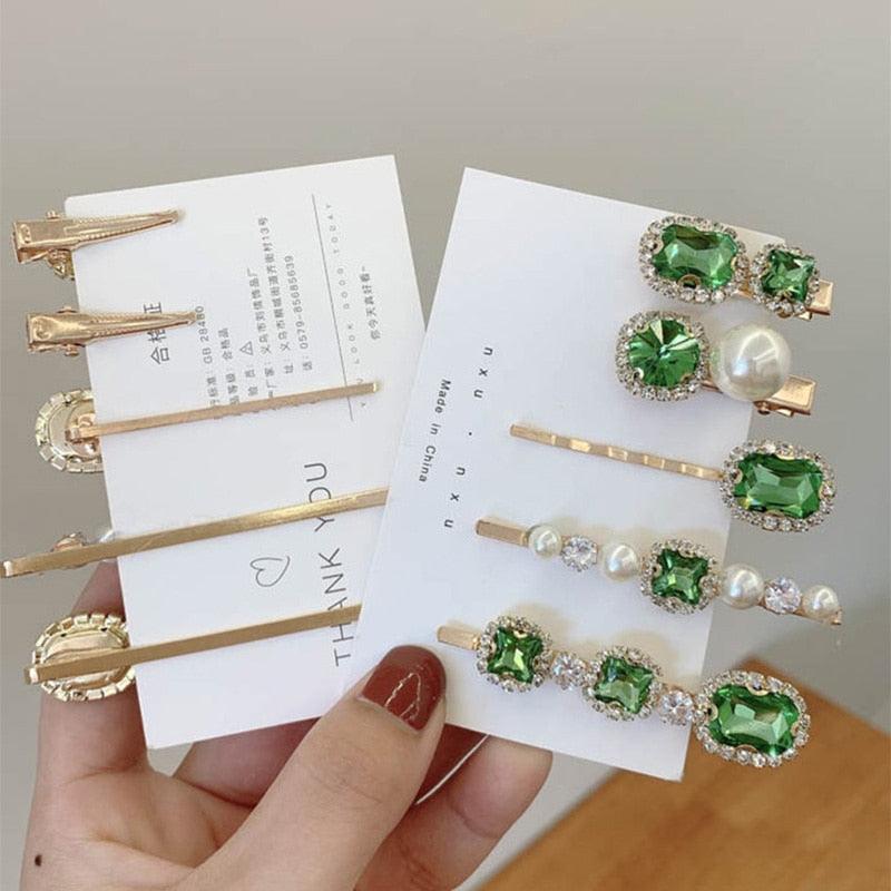 Pince à Cheveux Femme Set Bijoux Mode Vert Cristal Accessoires Cheveux Luxe Simulation Perle Barrette Épingle Pour Fille Cadeau Ornements Mode Serre-têtes Accessoires Pour Fête