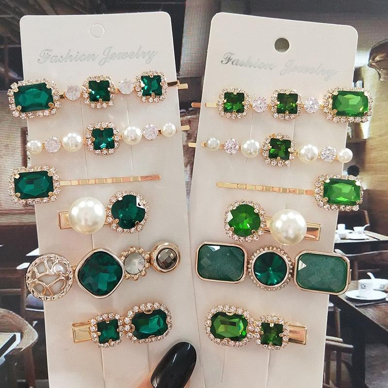 Pince à Cheveux Femme Set Bijoux Mode Vert Cristal Accessoires Cheveux Luxe Simulation Perle Barrette Épingle Pour Fille Cadeau Ornements Mode Serre-têtes Accessoires Pour Fête