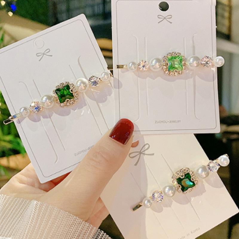 Pince à Cheveux Femme Set Bijoux Mode Vert Cristal Accessoires Cheveux Luxe Simulation Perle Barrette Épingle Pour Fille Cadeau Ornements Mode Serre-têtes Accessoires Pour Fête