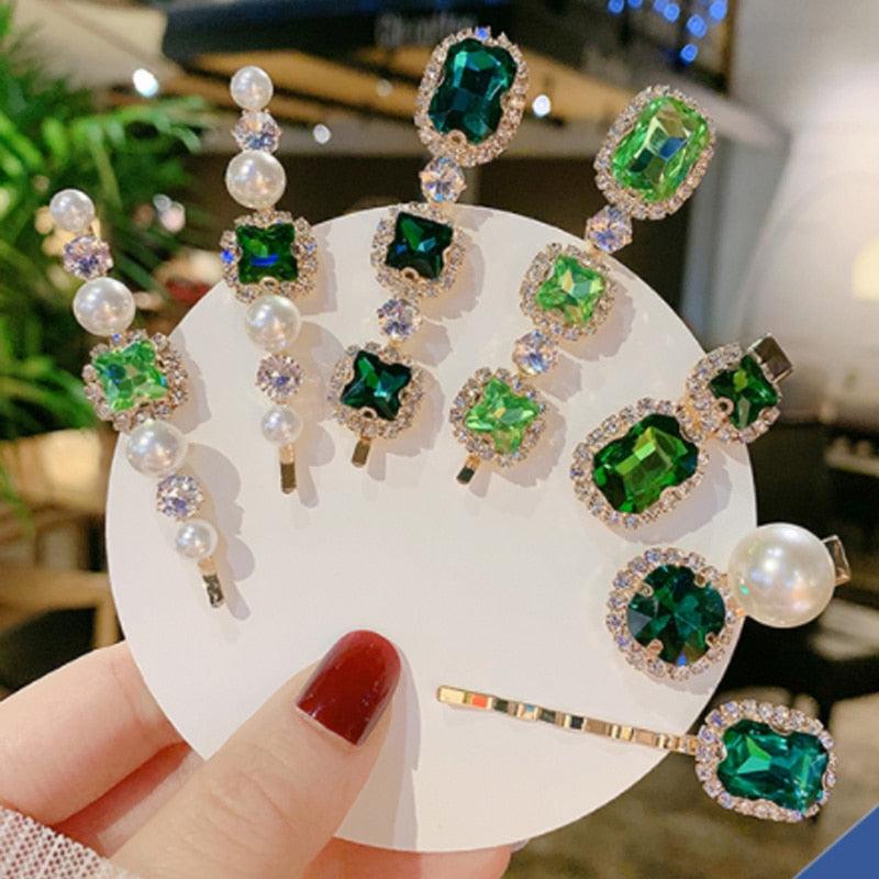 Pince à Cheveux Femme Set Bijoux Mode Vert Cristal Accessoires Cheveux Luxe Simulation Perle Barrette Épingle Pour Fille Cadeau Ornements Mode Serre-têtes Accessoires Pour Fête