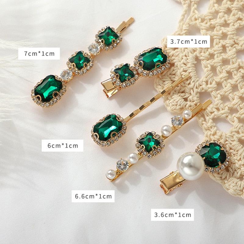 Pince à Cheveux Femme Set Bijoux Mode Vert Cristal Accessoires Cheveux Luxe Simulation Perle Barrette Épingle Pour Fille Cadeau Ornements Mode Serre-têtes Accessoires Pour Fête
