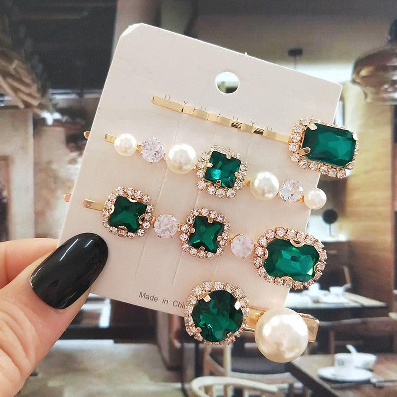 Pince à Cheveux Femme Set Bijoux Mode Vert Cristal Accessoires Cheveux Luxe Simulation Perle Barrette Épingle Pour Fille Cadeau Ornements Mode Serre-têtes Accessoires Pour Fête