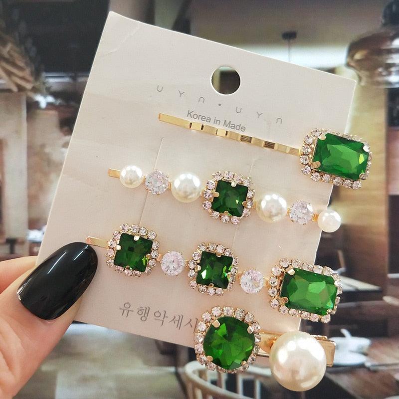 Pince à Cheveux Femme Set Bijoux Mode Vert Cristal Accessoires Cheveux Luxe Simulation Perle Barrette Épingle Pour Fille Cadeau Ornements Mode Serre-têtes Accessoires Pour Fête