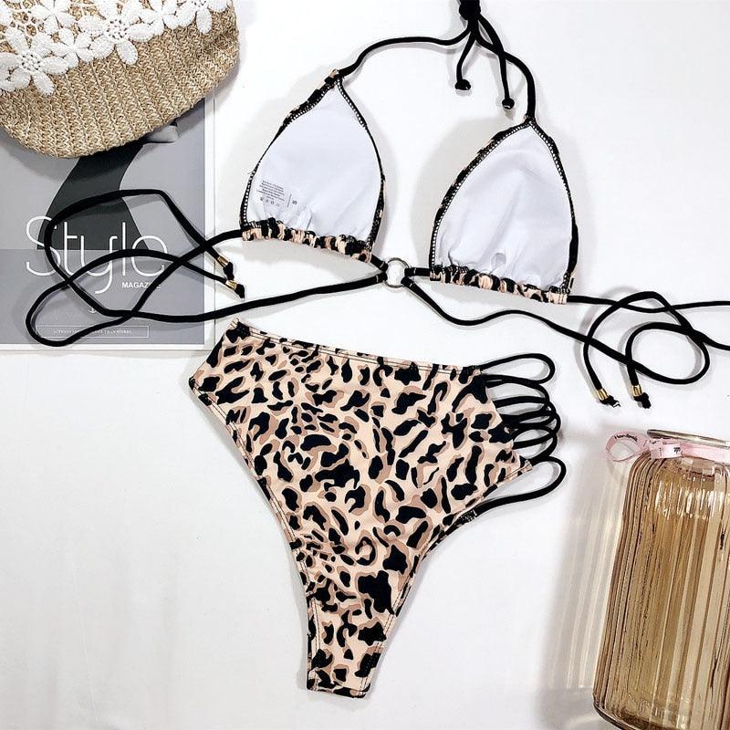 Maillot de bain bikini taille haute pour femme, ensemble bikini deux pièces avec anneau en métal et bandage croisé, découpes, attache dorsale, string, maillot de bain