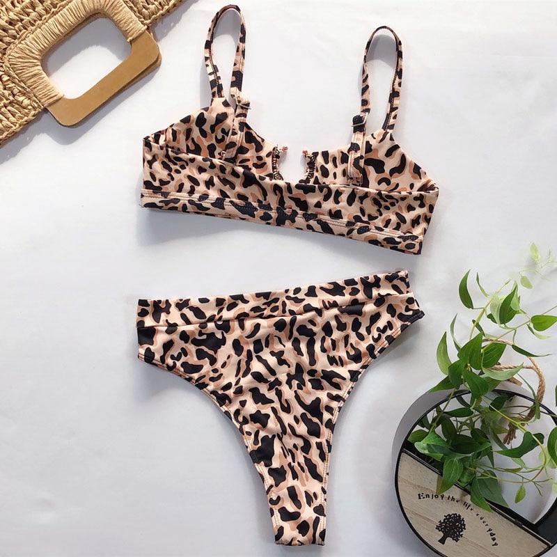 Maillot de bain bikini taille haute pour femme, ensemble bikini deux pièces avec anneau en métal et bandage croisé, découpes, attache dorsale, string, maillot de bain