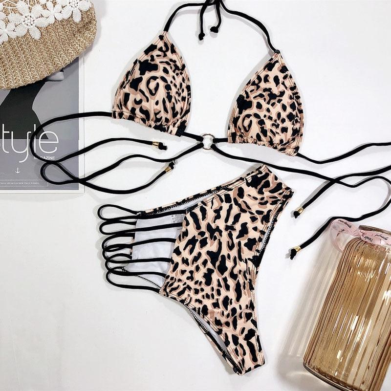 Maillot de bain bikini taille haute pour femme, ensemble bikini deux pièces avec anneau en métal et bandage croisé, découpes, attache dorsale, string, maillot de bain