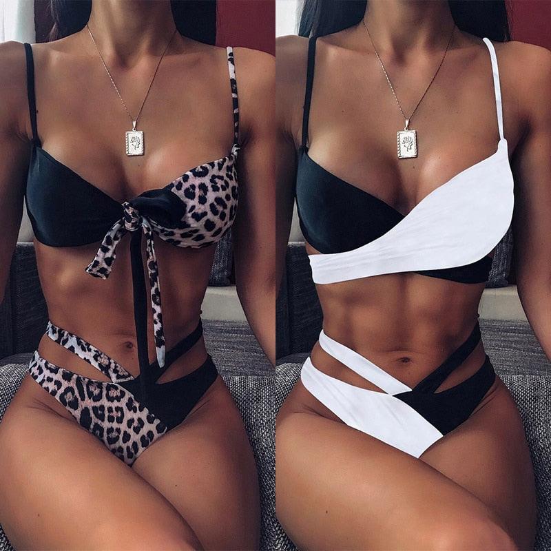 Maillot de bain bikini taille haute pour femme, ensemble bikini deux pièces avec anneau en métal et bandage croisé, découpes, attache dorsale, string, maillot de bain