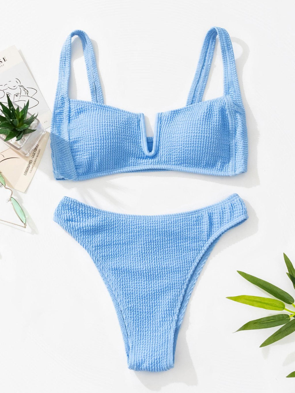 Maillot de bain bikini taille haute pour femme, ensemble bikini deux pièces avec anneau en métal et bandage croisé, découpes, attache dorsale, string, maillot de bain