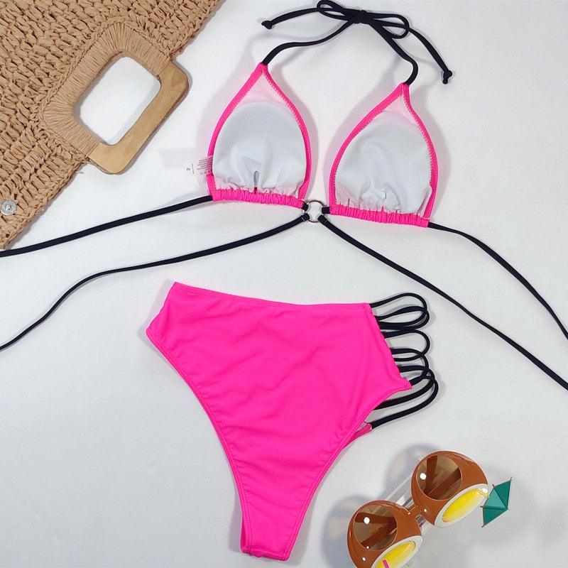 Maillot de bain bikini taille haute pour femme, ensemble bikini deux pièces avec anneau en métal et bandage croisé, découpes, attache dorsale, string, maillot de bain