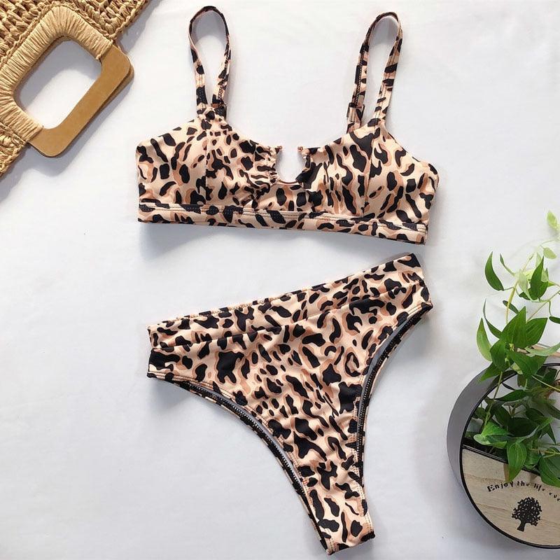 Maillot de bain bikini taille haute pour femme, ensemble bikini deux pièces avec anneau en métal et bandage croisé, découpes, attache dorsale, string, maillot de bain