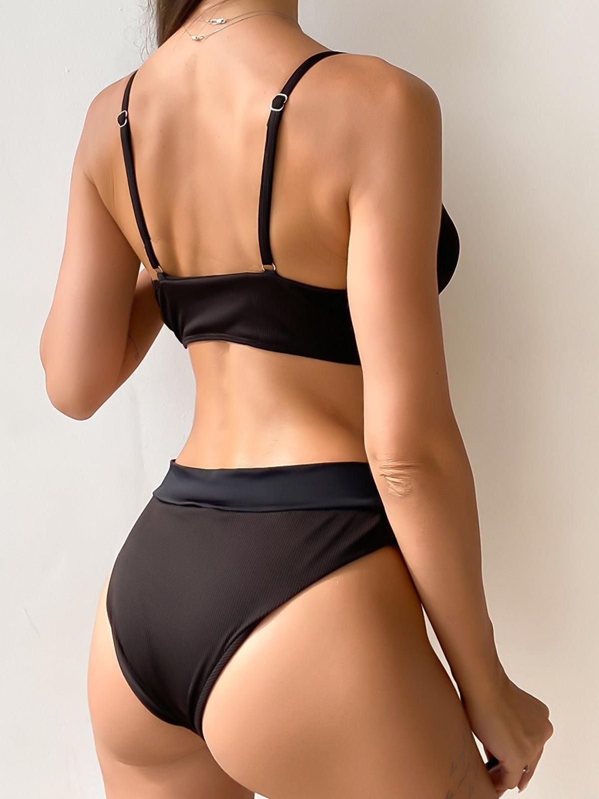 Maillot de bain bikini taille haute pour femme, ensemble bikini deux pièces avec anneau en métal et bandage croisé, découpes, attache dorsale, string, maillot de bain