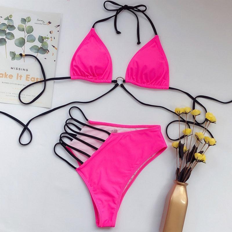 Maillot de bain bikini taille haute pour femme, ensemble bikini deux pièces avec anneau en métal et bandage croisé, découpes, attache dorsale, string, maillot de bain