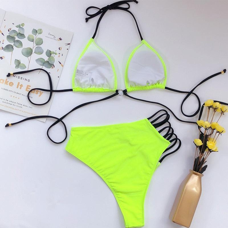Maillot de bain bikini taille haute pour femme, ensemble bikini deux pièces avec anneau en métal et bandage croisé, découpes, attache dorsale, string, maillot de bain