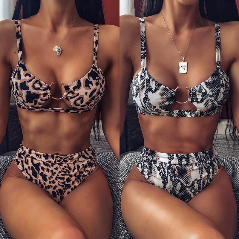 Maillot de bain bikini taille haute pour femme, ensemble bikini deux pièces avec anneau en métal et bandage croisé, découpes, attache dorsale, string, maillot de bain