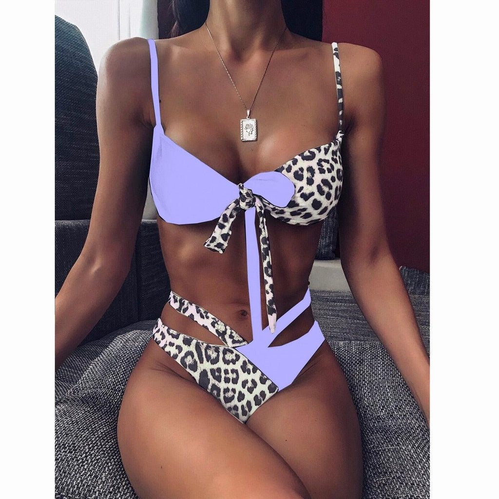 Maillot de bain bikini taille haute pour femme, ensemble bikini deux pièces avec anneau en métal et bandage croisé, découpes, attache dorsale, string, maillot de bain