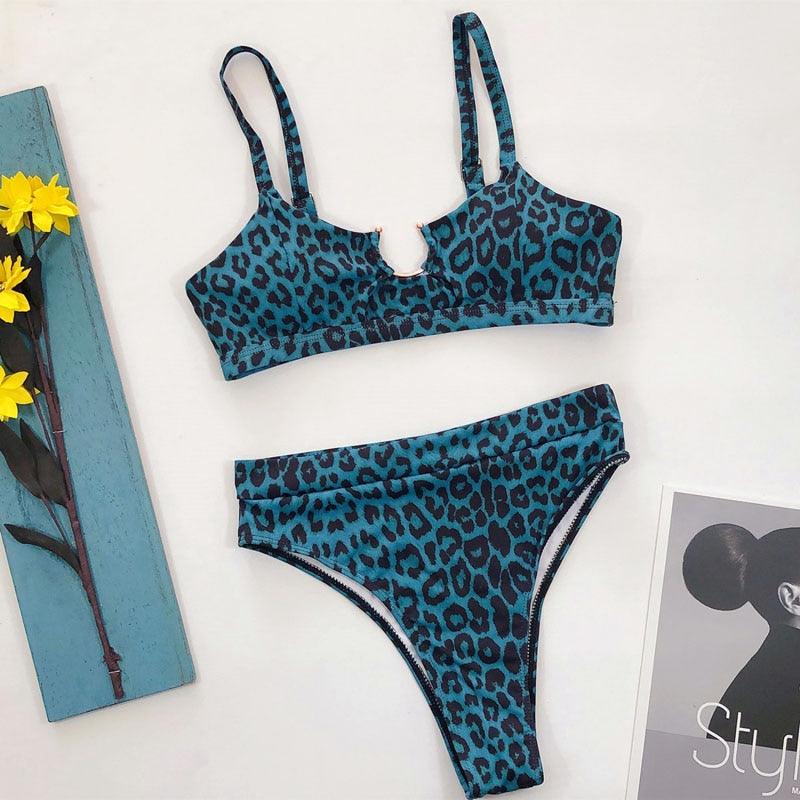 Maillot de bain bikini taille haute pour femme, ensemble bikini deux pièces avec anneau en métal et bandage croisé, découpes, attache dorsale, string, maillot de bain