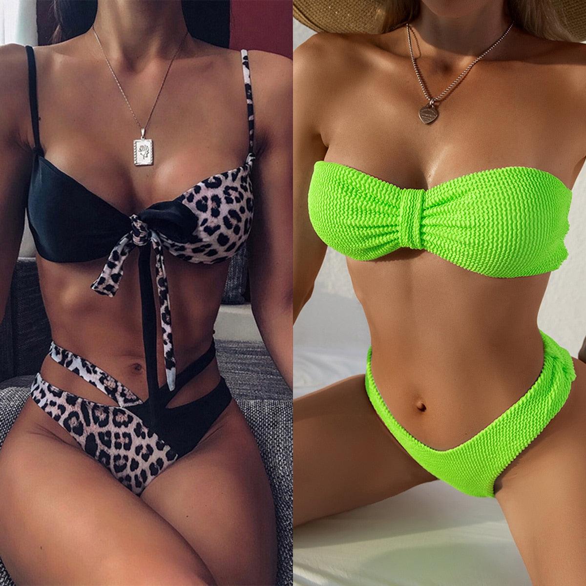 Maillot de bain bikini taille haute pour femme, ensemble bikini deux pièces avec anneau en métal et bandage croisé, découpes, attache dorsale, string, maillot de bain