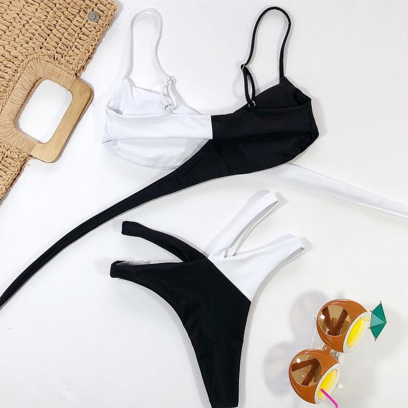 Maillot de bain bikini taille haute pour femme, ensemble bikini deux pièces avec anneau en métal et bandage croisé, découpes, attache dorsale, string, maillot de bain