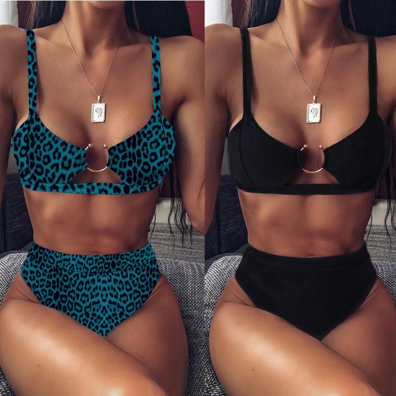 Maillot de bain bikini taille haute pour femme, ensemble bikini deux pièces avec anneau en métal et bandage croisé, découpes, attache dorsale, string, maillot de bain