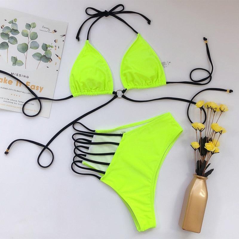 Maillot de bain bikini taille haute pour femme, ensemble bikini deux pièces avec anneau en métal et bandage croisé, découpes, attache dorsale, string, maillot de bain