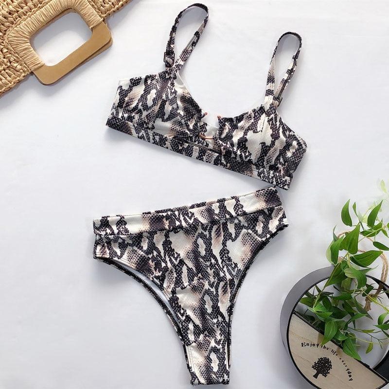 Maillot de bain bikini taille haute pour femme, ensemble bikini deux pièces avec anneau en métal et bandage croisé, découpes, attache dorsale, string, maillot de bain