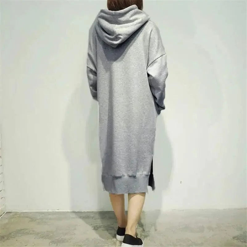 Femmes Ample Long Pull à Capuche Décontracté Couleur Unie Sweatshirts à Capuche Étudiant Automne Hiver Ample Pull Robe Sweat-shirt Oversize