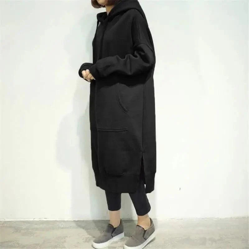 Femmes Ample Long Pull à Capuche Décontracté Couleur Unie Sweatshirts à Capuche Étudiant Automne Hiver Ample Pull Robe Sweat-shirt Oversize