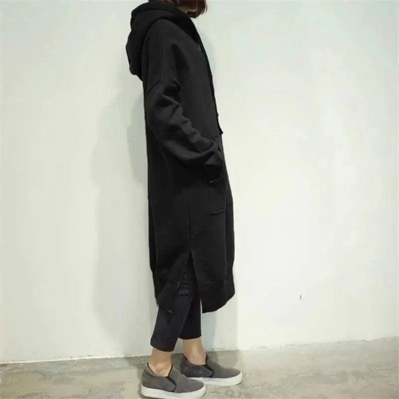 Femmes Ample Long Pull à Capuche Décontracté Couleur Unie Sweatshirts à Capuche Étudiant Automne Hiver Ample Pull Robe Sweat-shirt Oversize
