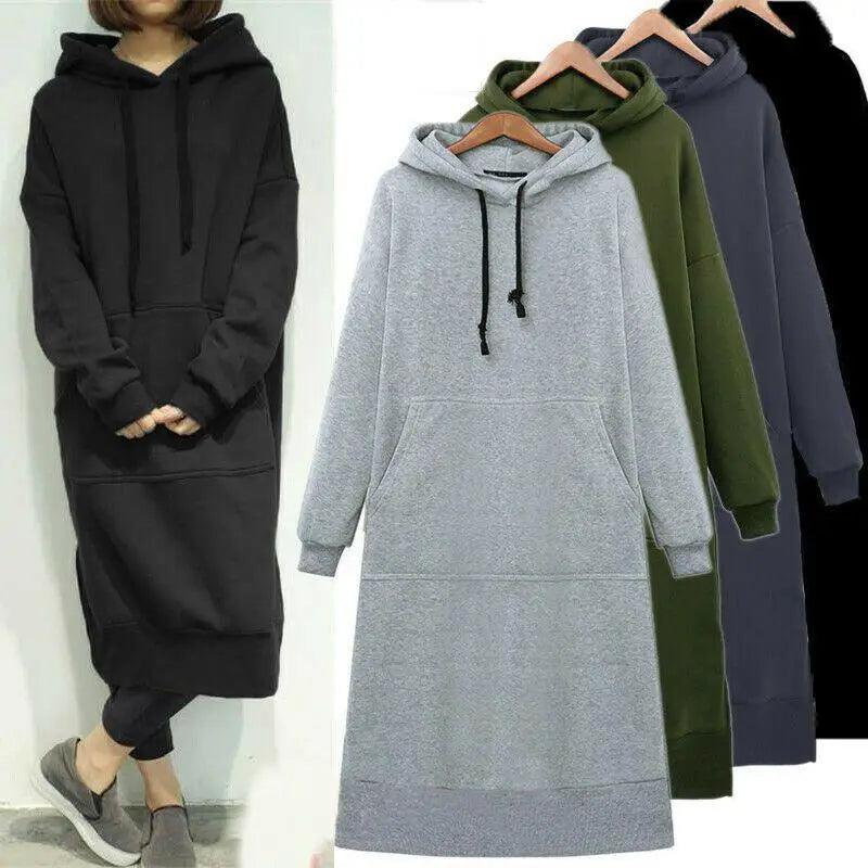 Femmes Ample Long Pull à Capuche Décontracté Couleur Unie Sweatshirts à Capuche Étudiant Automne Hiver Ample Pull Robe Sweat-shirt Oversize