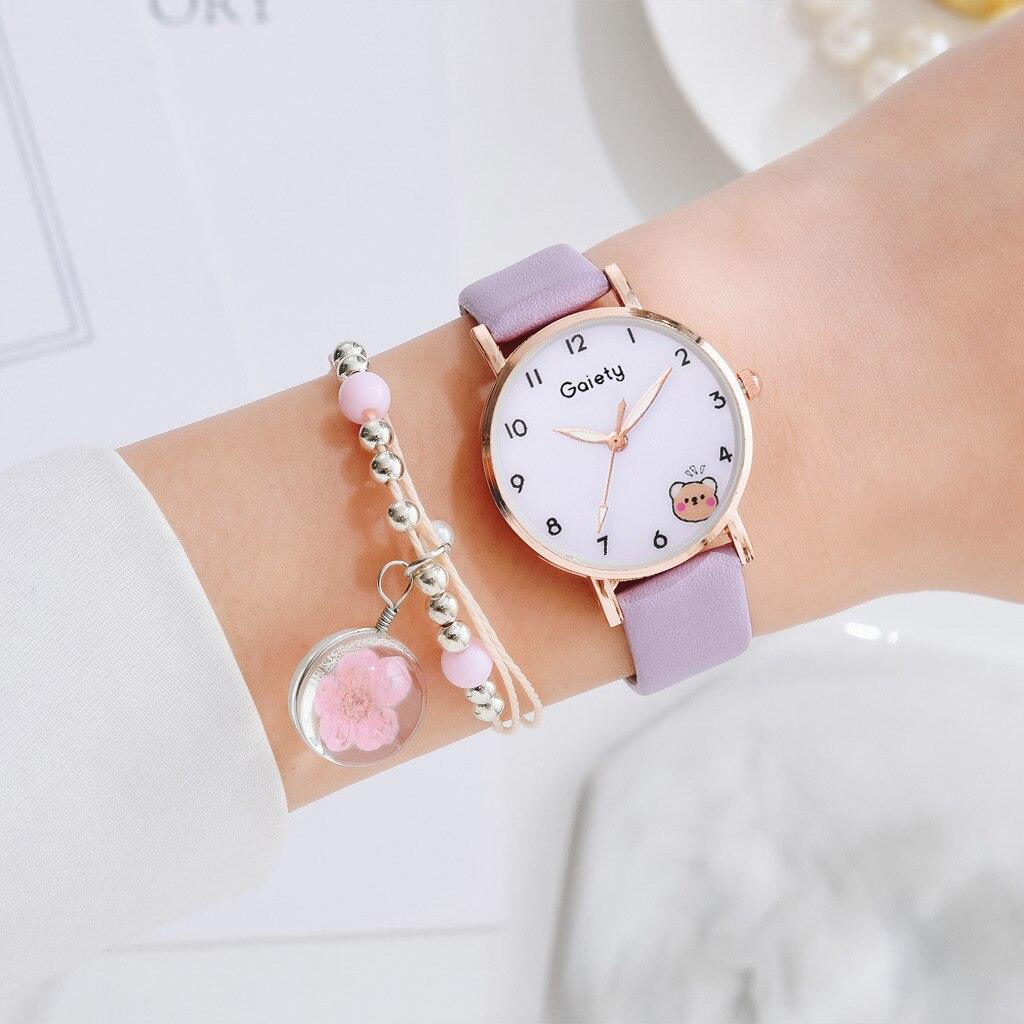 Montre Femme Nouvelle Couleur Ours Mode Étudiant Quartz Bracelet Combinaison Ensemble Montre Bracelet Enfant Fille Cuir Strass Luxe Design Simple Robe Montres pour Femmes