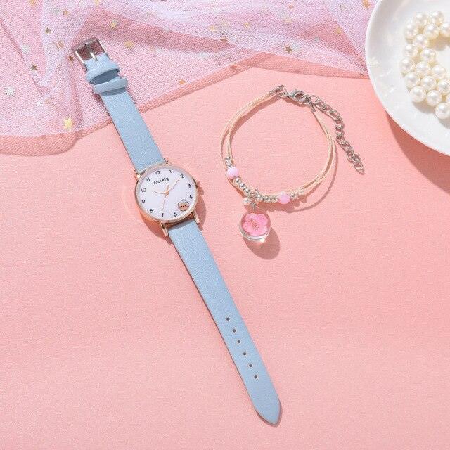 Montre Femme Nouvelle Couleur Ours Mode Étudiant Quartz Bracelet Combinaison Ensemble Montre Bracelet Enfant Fille Cuir Strass Luxe Design Simple Robe Montres pour Femmes