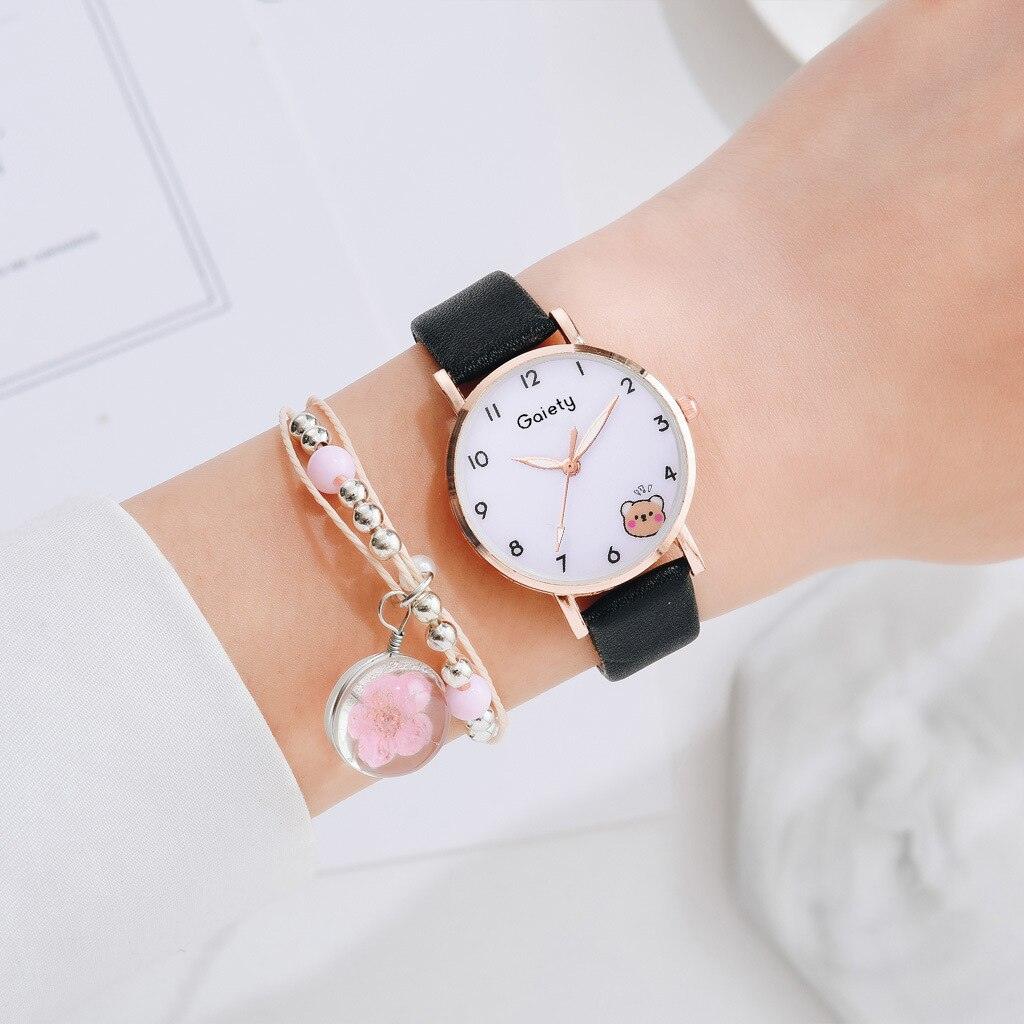 Montre Femme Nouvelle Couleur Ours Mode Étudiant Quartz Bracelet Combinaison Ensemble Montre Bracelet Enfant Fille Cuir Strass Luxe Design Simple Robe Montres pour Femmes