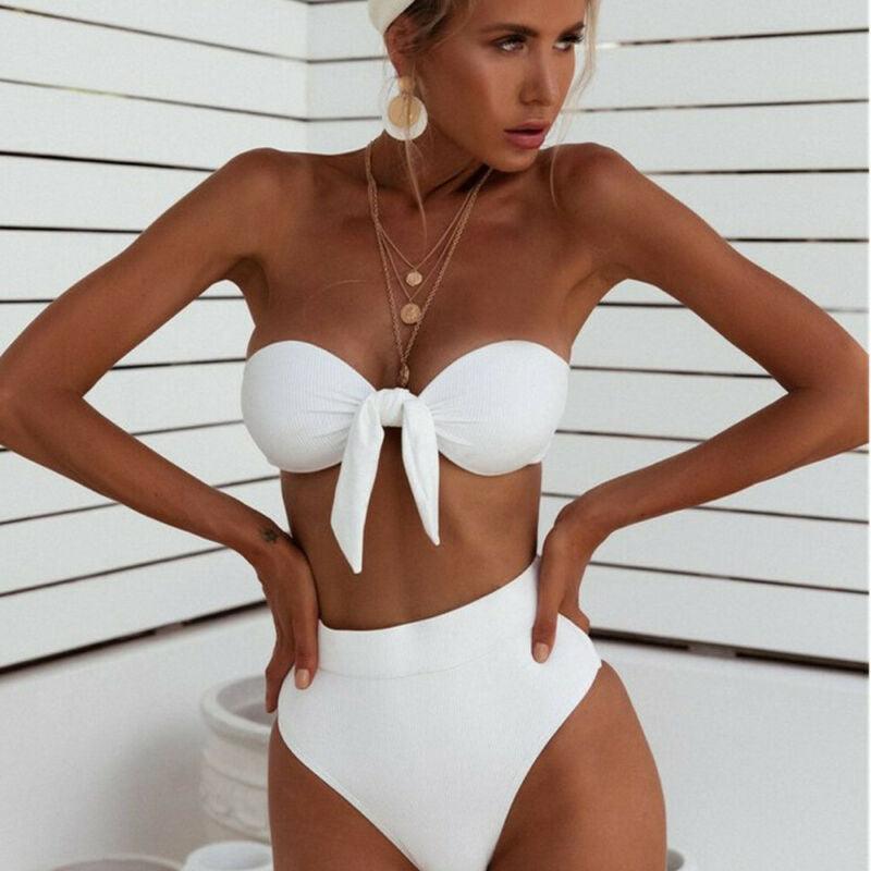 Women Padded Push Up Strapless Swimsuit Women's Tie Knot Front High Waist Bandage 2PCS Bikini Sets Beachwear Bathing Suit Swimwear Bikini Set Adjustable Bikini Sets Two Piece Bathing Suit